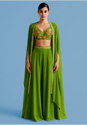 Parrot Green Embroidered Georgette Fusion Set