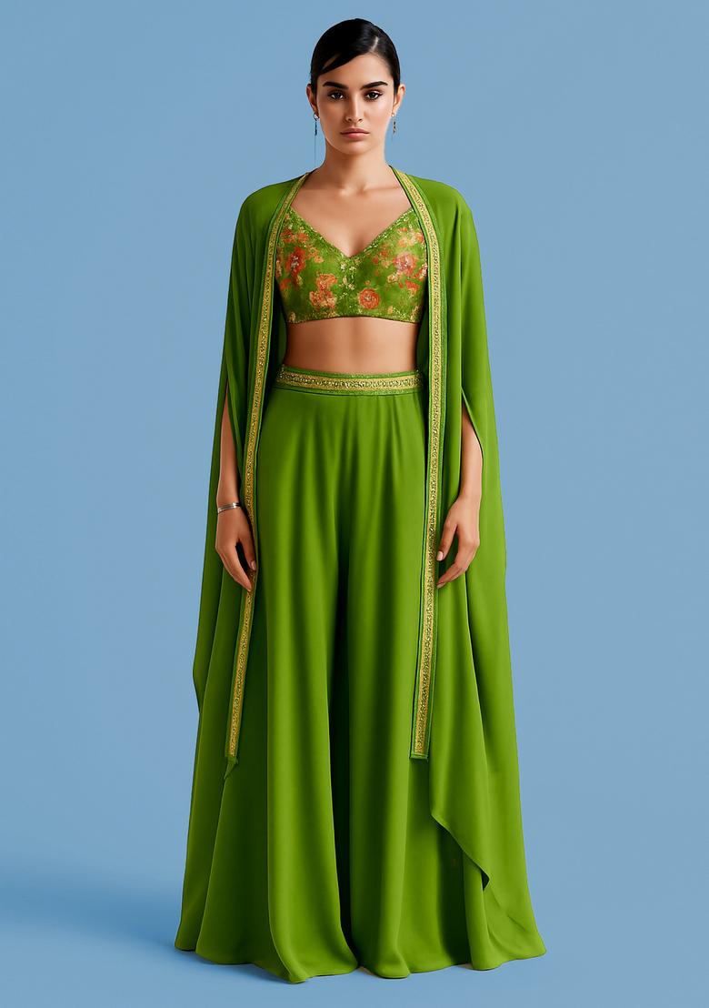 Parrot Green Embroidered Georgette Fusion Set - Indya