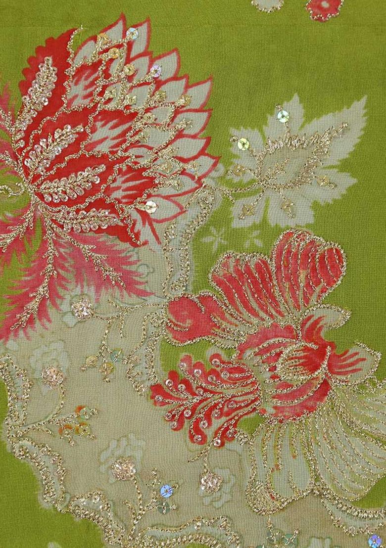 Parrot Green Embroidered Georgette Fusion Set - Indya