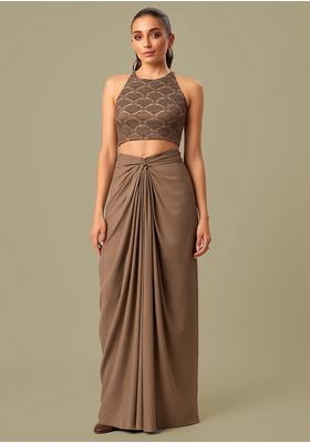 Light Brown Sequin Embroidered Blouse Crepe Fusion Set