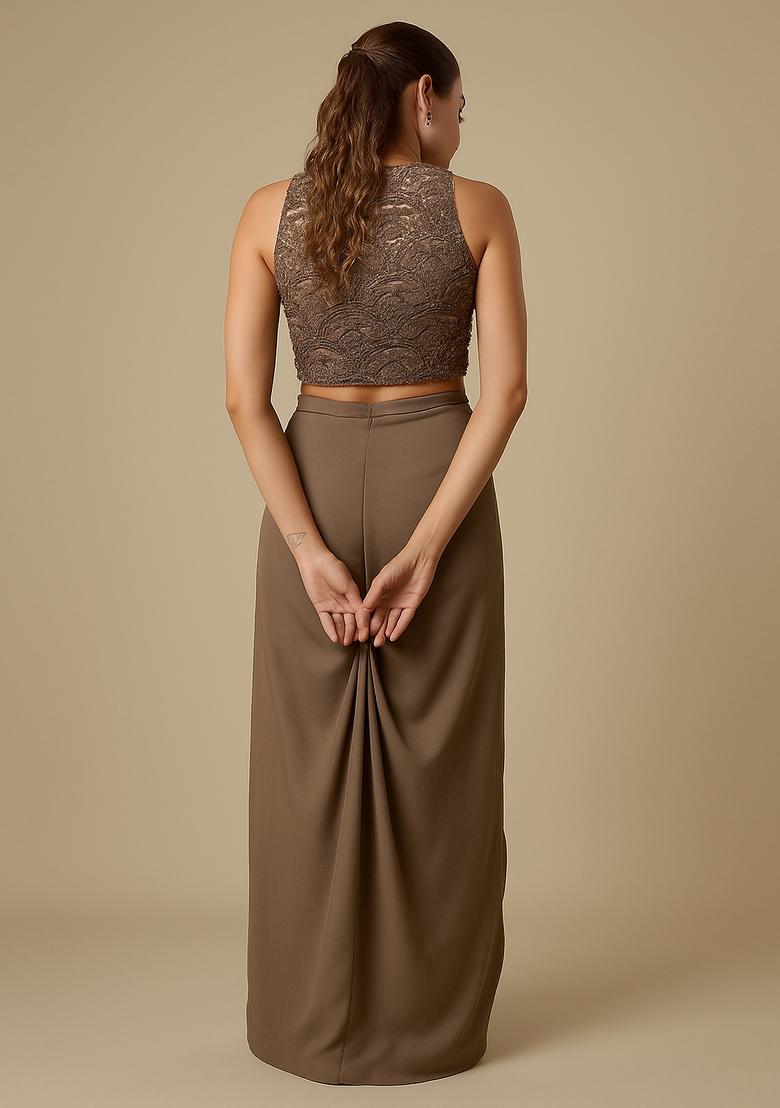 Peach Sequin Embroidered Crepe Fusion Set - Indya