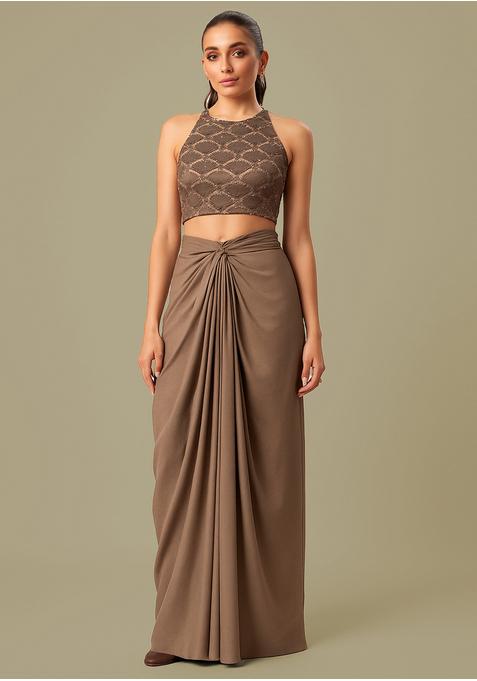 Light Brown Sequin Embroidered Blouse Crepe Fusion Set