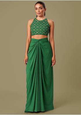 Green Sequin Embroidered Blouse Crepe Fusion Set