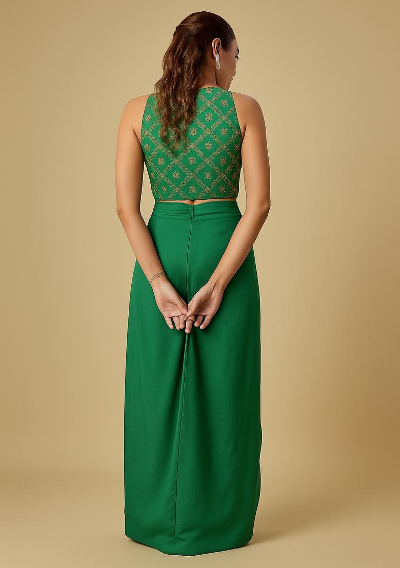 Green Sequin Embroidered Crepe Fusion Set - Indya