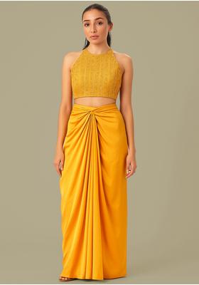 Yellow Embroidered Blouse Crepe Fusion Set