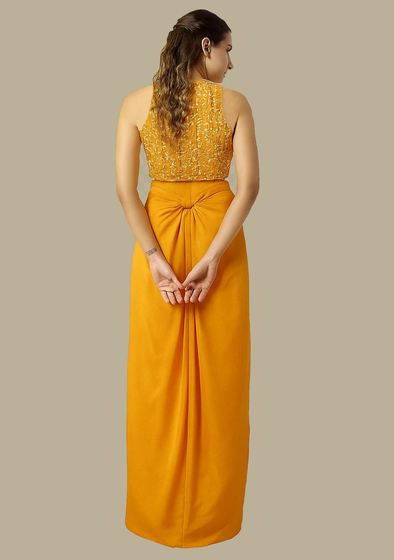 Yellow Sequin Embroidered Crepe Fusion Set - Indya