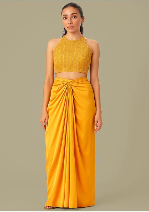 Yellow Embroidered Blouse Crepe Fusion Set