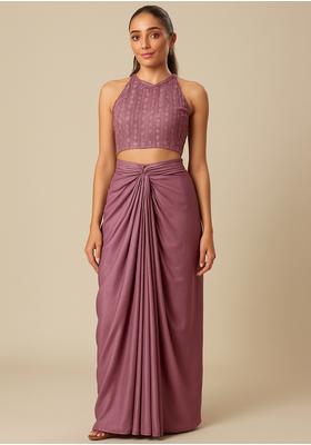 Purple Embroidered Blouse Crepe Fusion Set