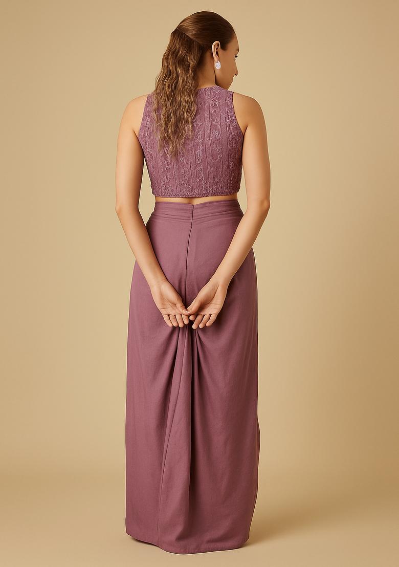 Purple Sequin Embroidered Crepe Fusion Set - Indya