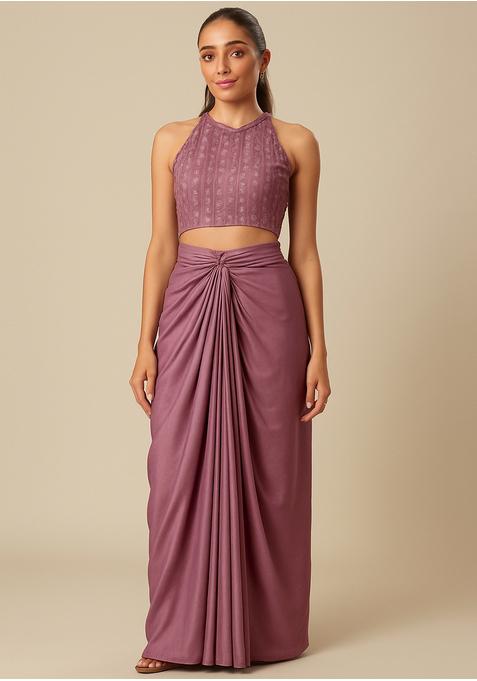 Purple Embroidered Blouse Crepe Fusion Set