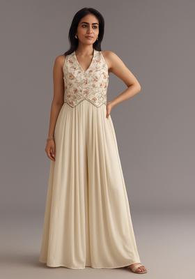 Cream Embroidered&nbsp; Georgette Fusion Set