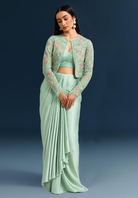 Mint Green Embroidered  Satin Fusion Set