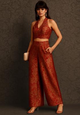 Maroon Jacquard Brocade Fusion Set