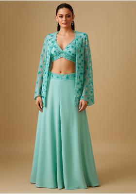 Sky Blue Georgette Embroidered Fusion Set