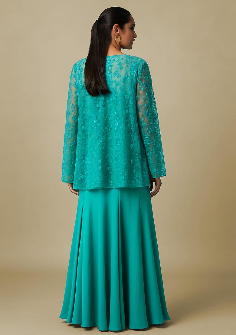 Sky Blue Georgette Embroidered Fusion Set - Indya