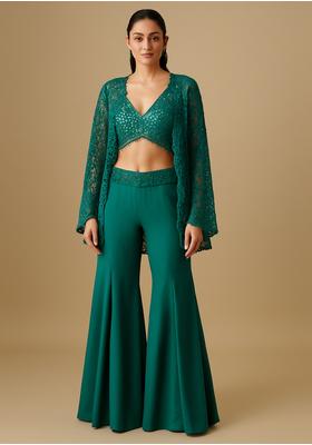 Teal Green Georgette Embroidered Fusion Set