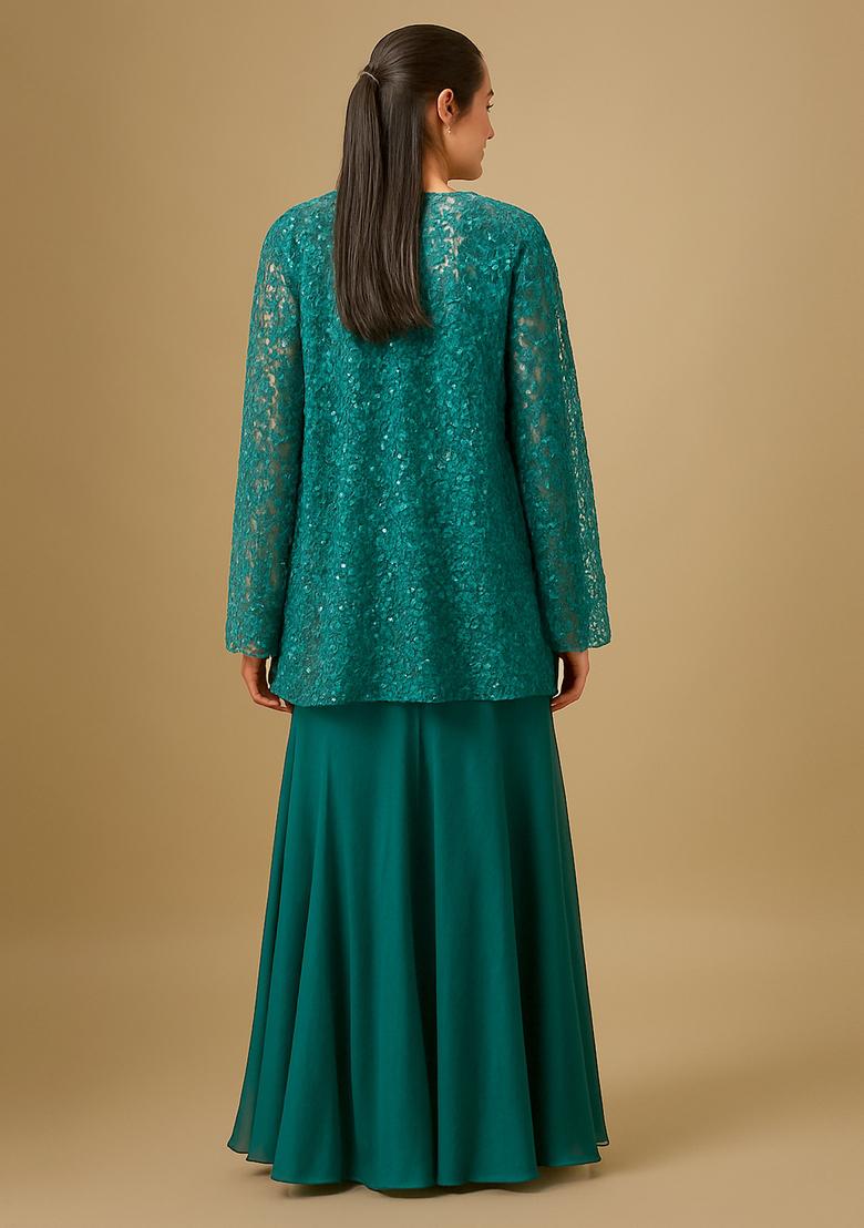 Teal Green Georgette Embroidered Fusion Set - Indya