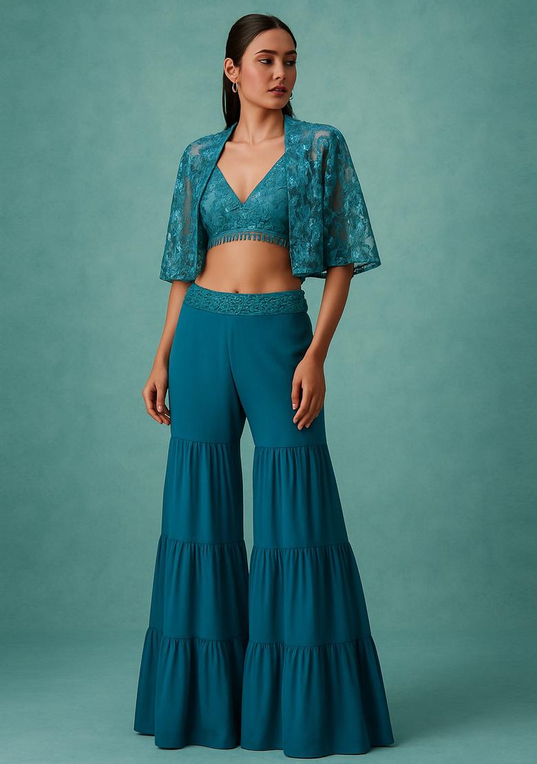 Sky Blue Georgette Embroidered Fusion Set - Indya