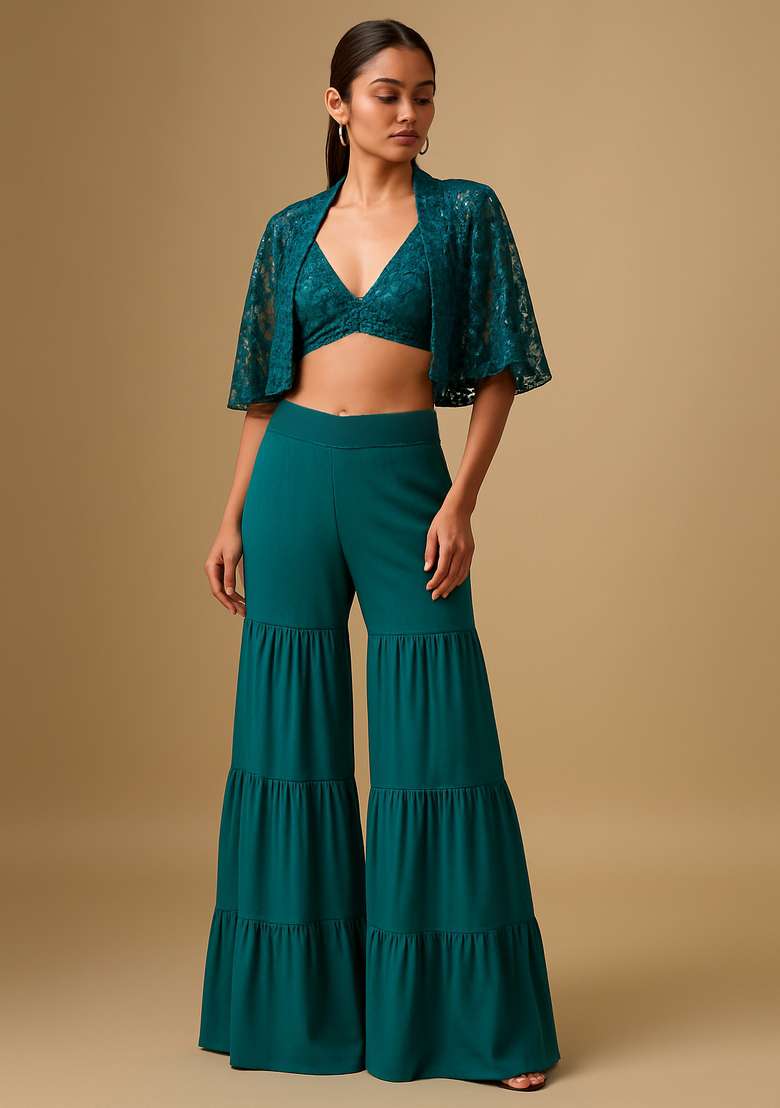 Teal Green Georgette Embroidered Fusion Set - Indya