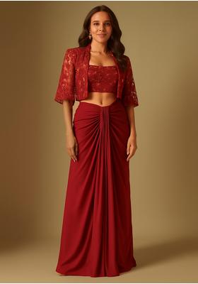 Red Crepe Embroidered Fusion Set