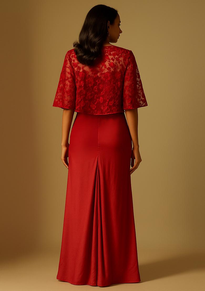 Red Crepe Embroidered Fusion Set - Indya