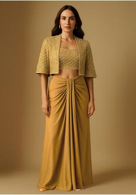 Olive Crepe Embroidered Fusion Set