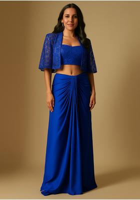 Royal Blue Crepe Embroidered Fusion Set