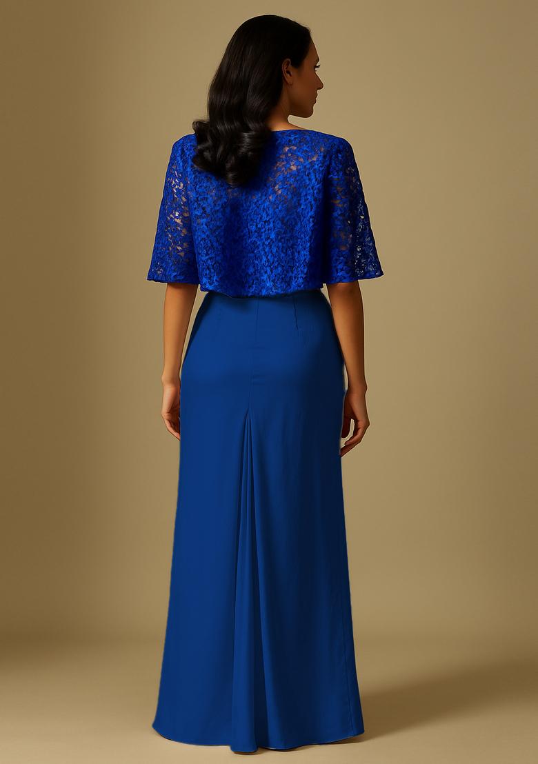 Royal Blue Crepe Embroidered Fusion Set - Indya