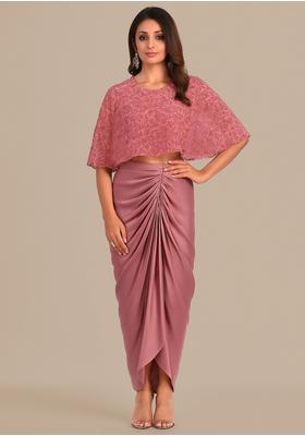 Peach Crepe Embroidered Fusion Set