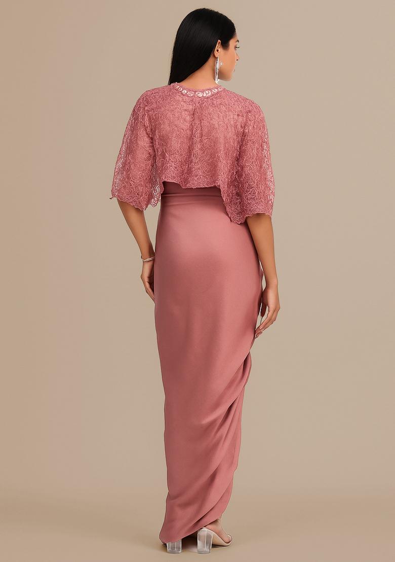 Peach Crepe Embroidered Fusion Set - Indya