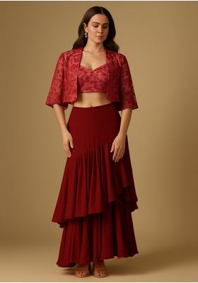Red Crepe Embroidered Fusion Set