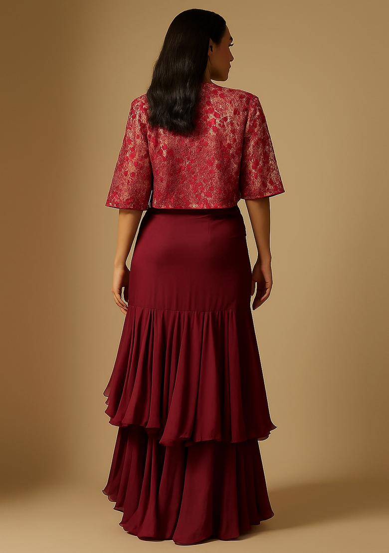 Red Crepe Embroidered Fusion Set - Indya