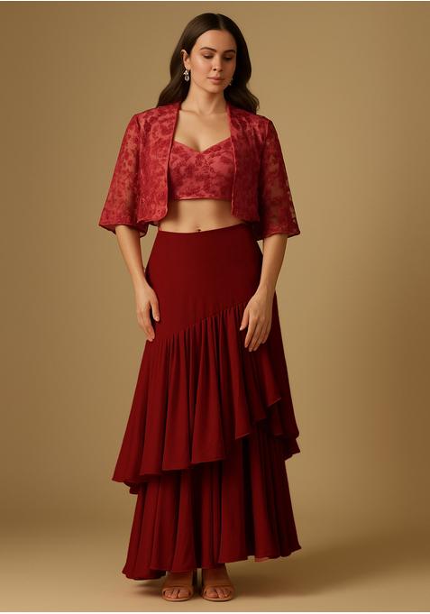 Red Crepe Embroidered Fusion Set