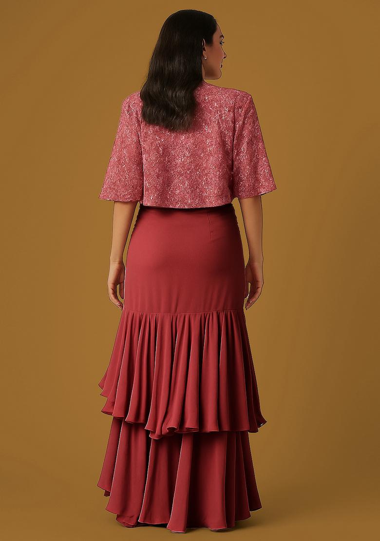 Pink Crepe Embroidered Fusion Set - Indya