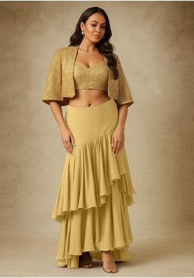 Gold Crepe Embroidered Fusion Set
