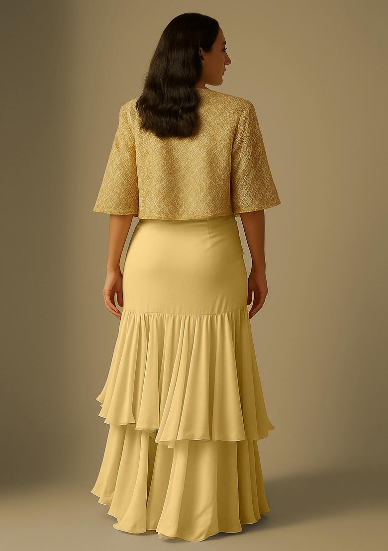 Gold Crepe Embroidered Fusion Set - Indya