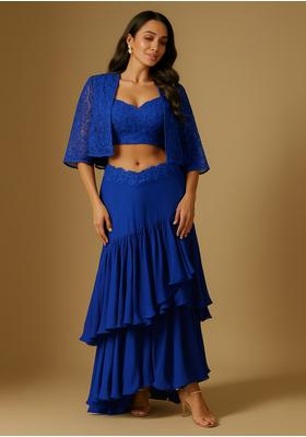 Royal Blue Crepe Embroidered Fusion Set