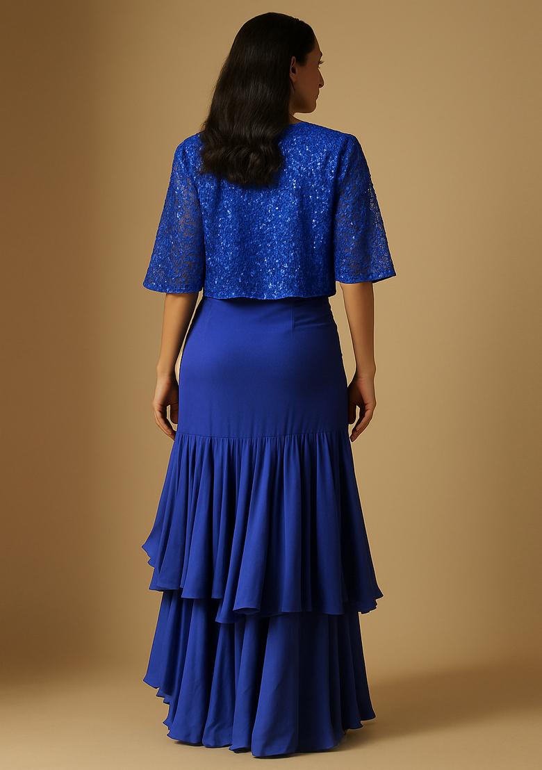 Royal Blue Crepe Embroidered Fusion Set - Indya