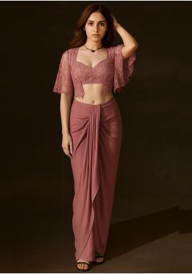 Peach Crepe Embroidered Fusion Set