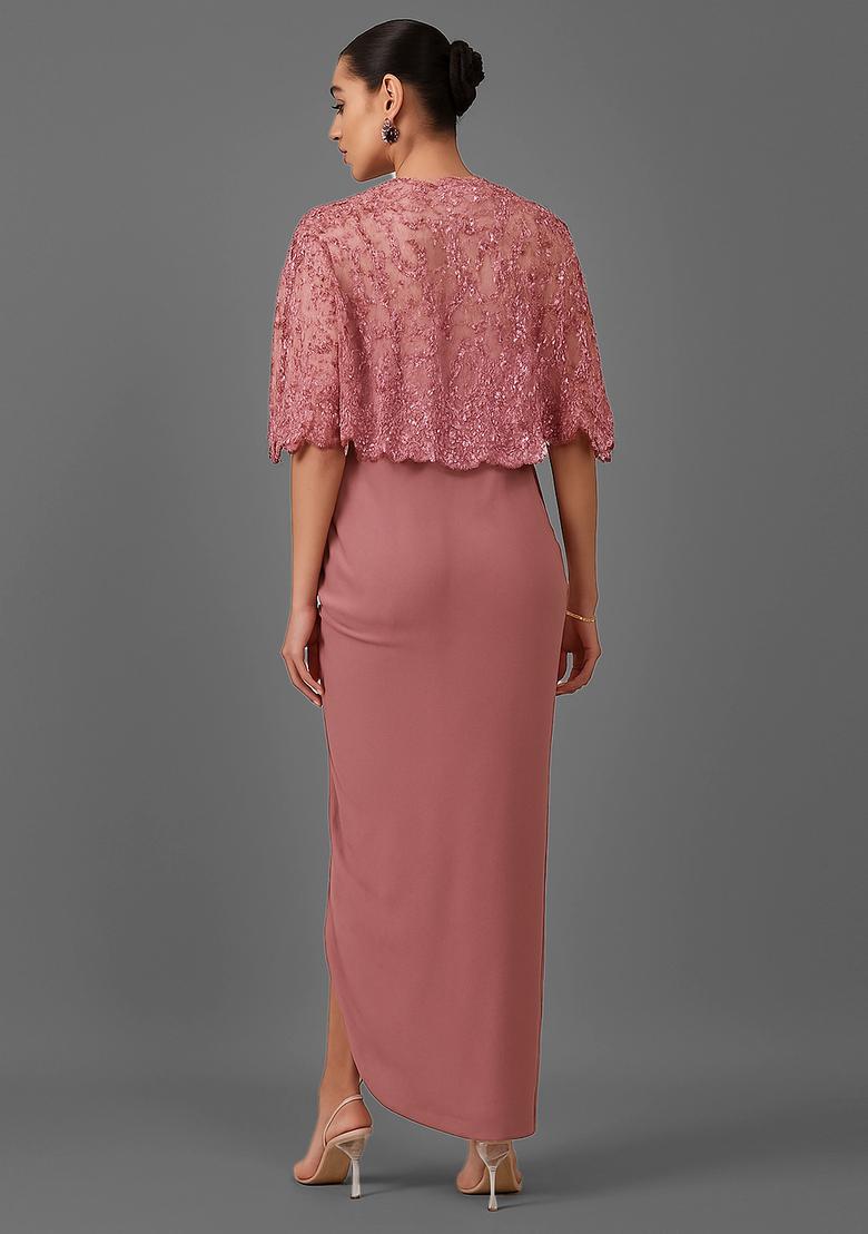 Peach Crepe Embroidered Fusion Set - Indya