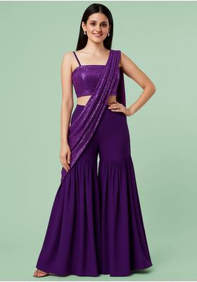 Purple Satin Sequin Embroidered Blouse Fusion Set