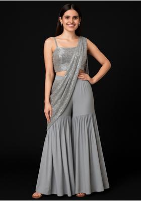 Silver Satin Sequin Embroidered Blouse Fusion Set