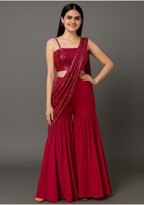 Magenta Satin Sequin Embroidered Blouse Fusion Set