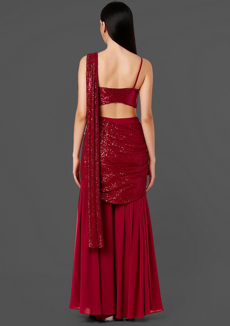 Magenta Satin Sequin Embroidered Blouse Fusion Set - Indya