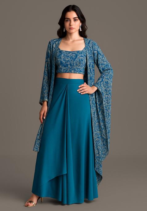 Blue Printed Georgette Fusion Set