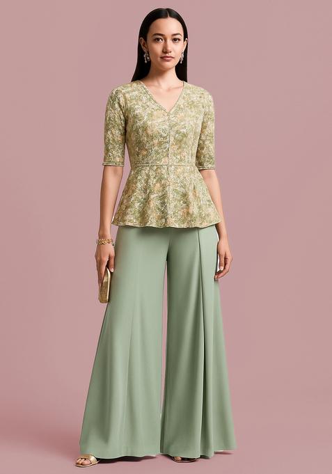 Green Floral Printed Organza Fusion Set