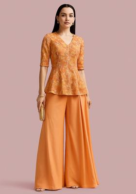 Cream Floral Printed Organza Fusion Set