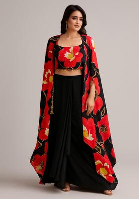 Black Floral Printed Georgette Fusion Set