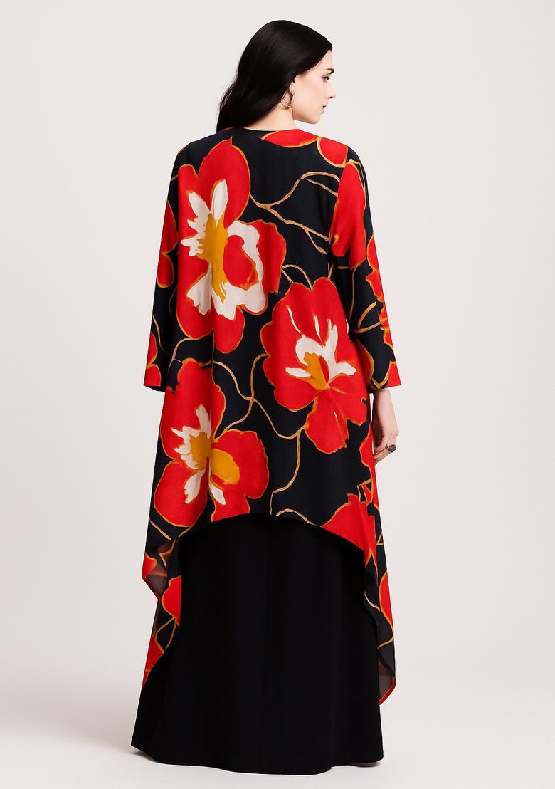 Black Floral Printed Georgette Fusion Set - Indya