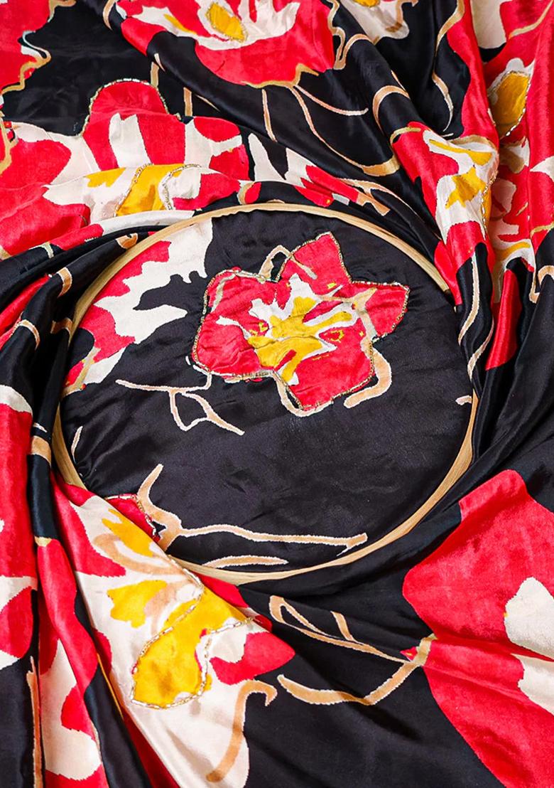 Black Floral Printed Georgette Fusion Set - Indya